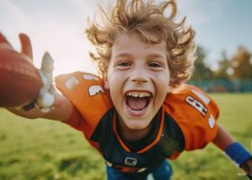 Energetic happy child looking at camera while celebrate for winning the game while wearing safety gear at sport arena with blue sky. Attractive elementary student playing american football. AIG42.